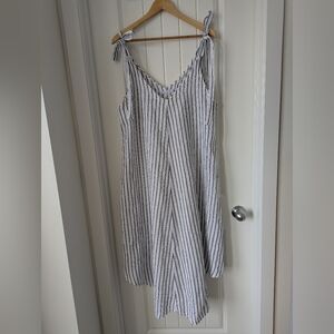 Linen Maxi Summer Beach Dress Navy And White Striped With Tie Shoulders Medium